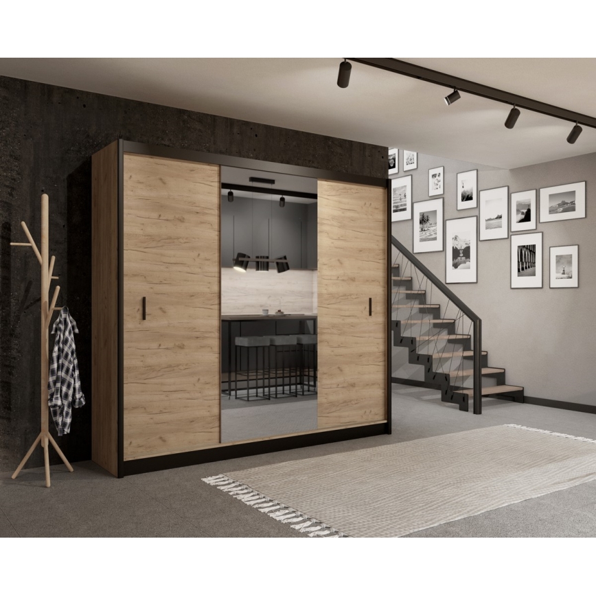Wardrobe with mirror MIRO 250x215 cm oak craft/black
