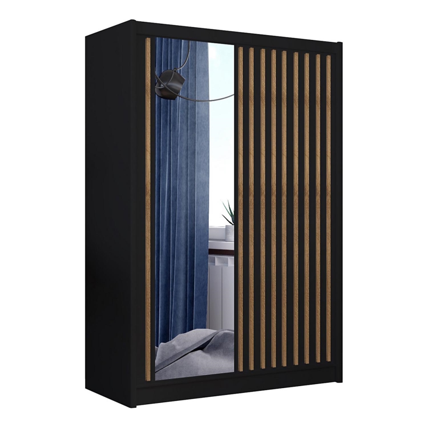 Wardrobe with mirror SANTINO 150x215 cm black/oak craft