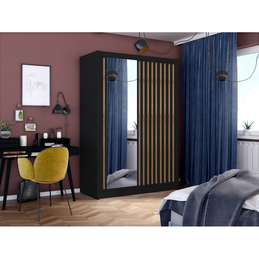 Wardrobe with mirror SANTINO 150x215 cm black/oak craft