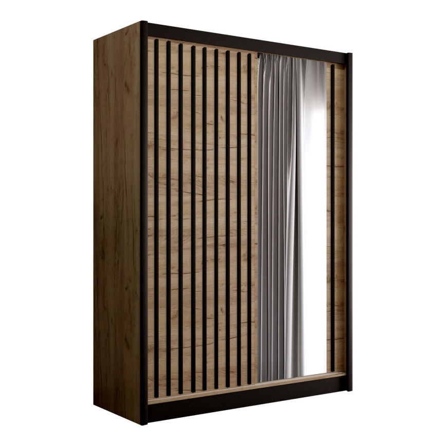 Wardrobe with mirror SANTINO 150x215 cm oak craft/black