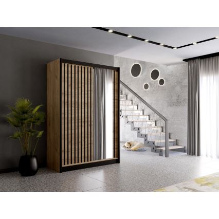 Wardrobe with mirror SANTINO 150x215 cm oak craft/black