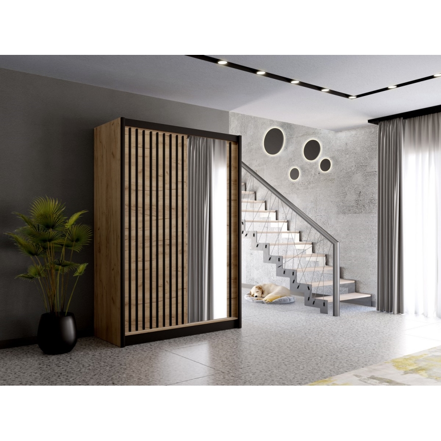 Wardrobe with mirror SANTINO 150x215 cm oak craft/black