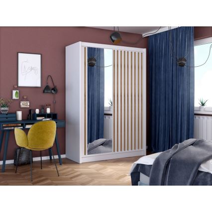 Wardrobe with mirror SANTINO 150x215 cm white/oak craft