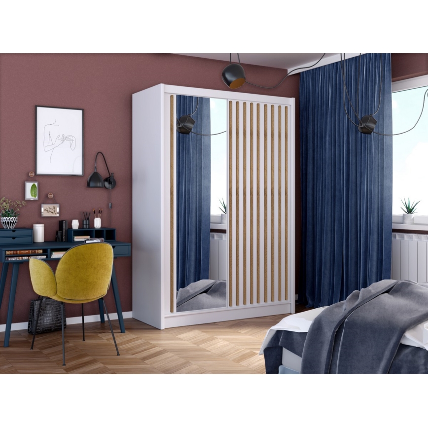 Wardrobe with mirror SANTINO 150x215 cm white/oak craft