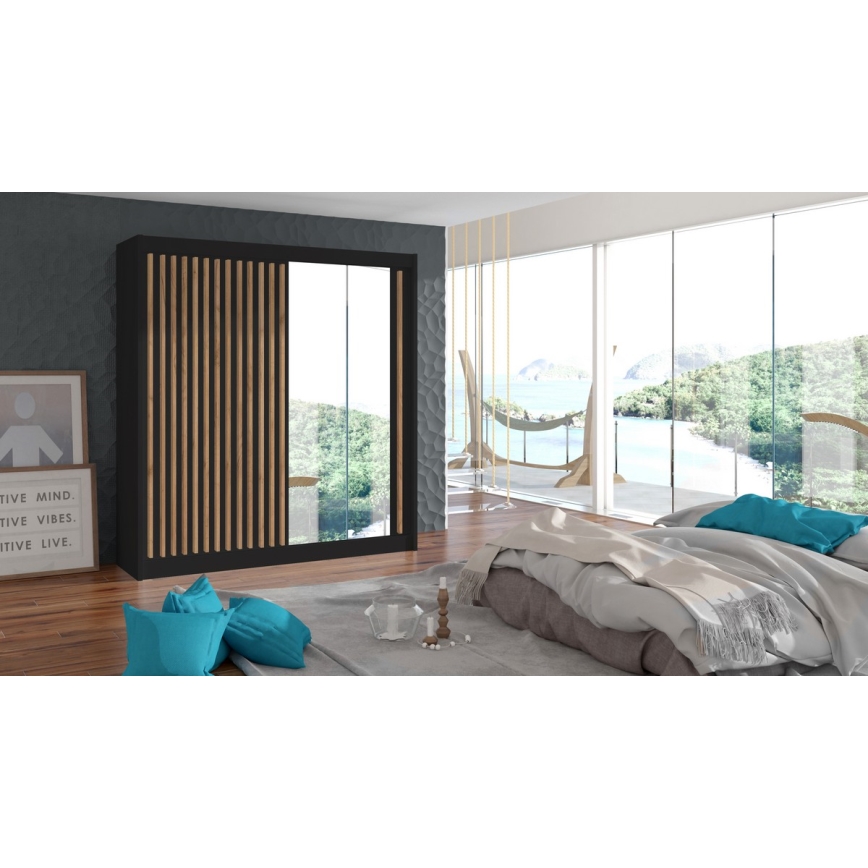 Wardrobe with mirror SANTINO 203x215 cm black/oak craft