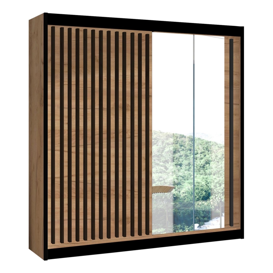 Wardrobe with mirror SANTINO 203x215 cm oak craft/black