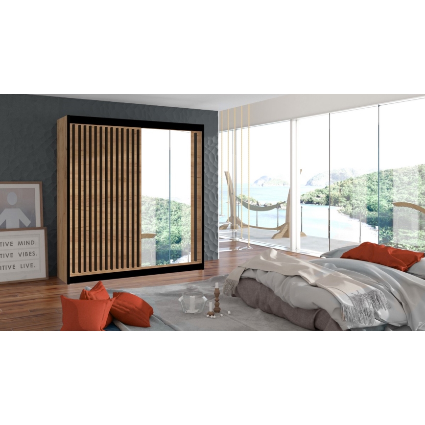 Wardrobe with mirror SANTINO 203x215 cm oak craft/black