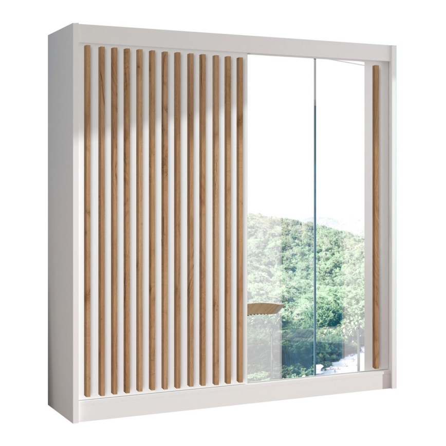 Wardrobe with mirror SANTINO 203x215 cm white/oak craft