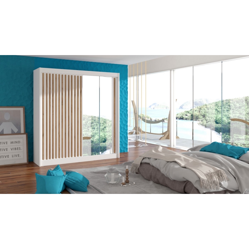 Wardrobe with mirror SANTINO 203x215 cm white/oak craft