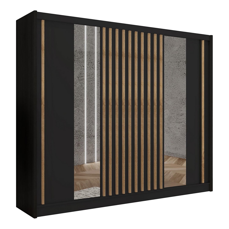 Wardrobe with mirror SANTINO 250x215 cm black/oak craft