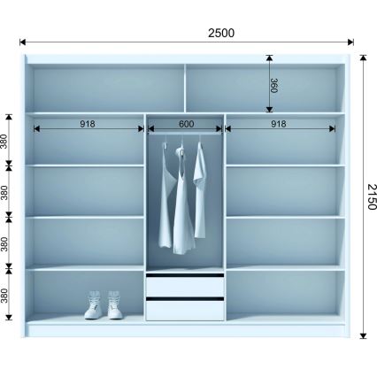 Wardrobe with mirror SANTINO 250x215 cm black/oak craft