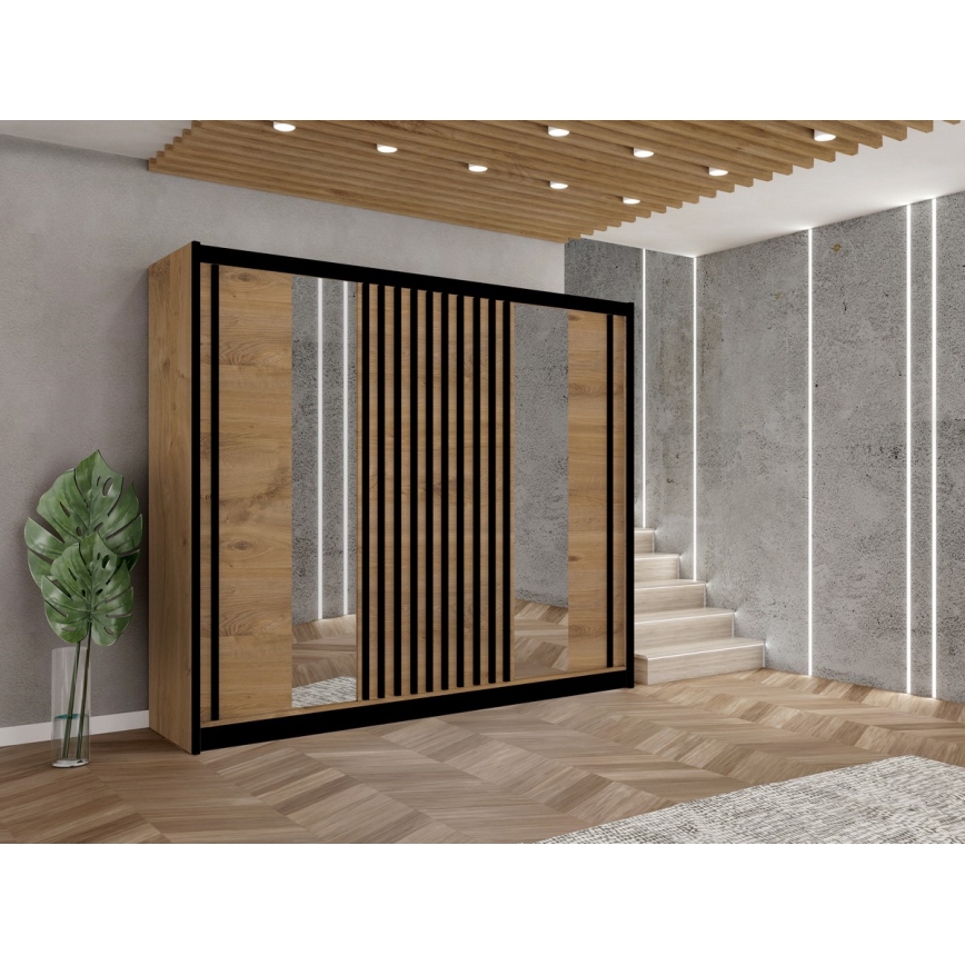 Wardrobe with mirror SANTINO 250x215 cm oak craft/black