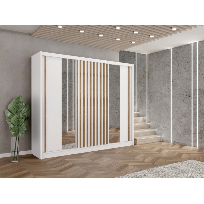 Wardrobe with mirror SANTINO 250x215 cm white/oak craft