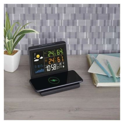 Weather Station with 5V Wireless Charging — 2×AA + 2×AAA, Black