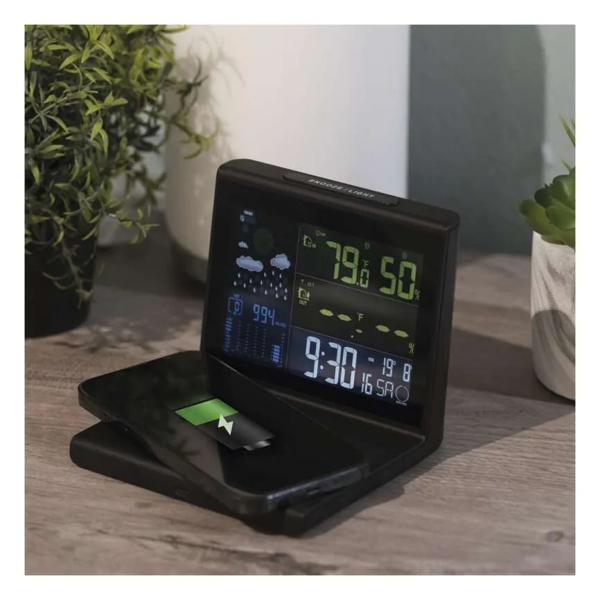 Weather Station with 5V Wireless Charging — 2×AA + 2×AAA, Black