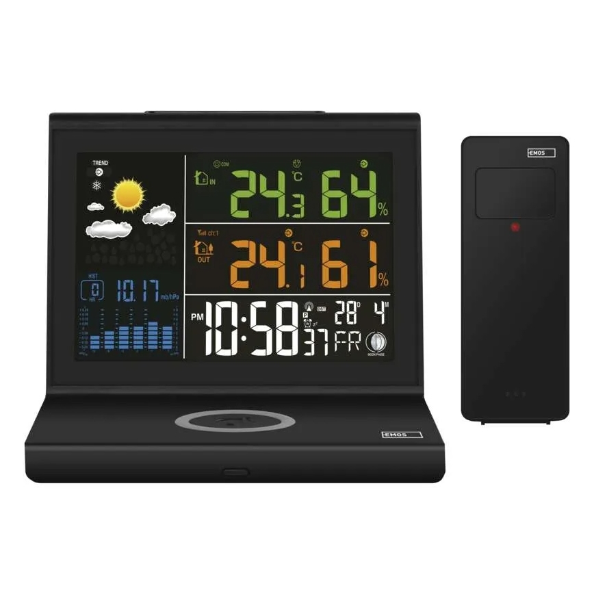 Weather Station with 5V Wireless Charging — 2×AA + 2×AAA, Black