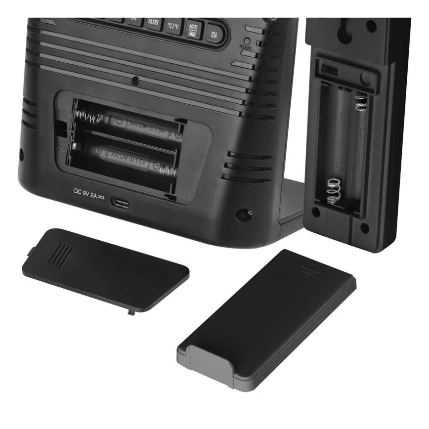 Weather Station with 5V Wireless Charging — 2×AA + 2×AAA, Black