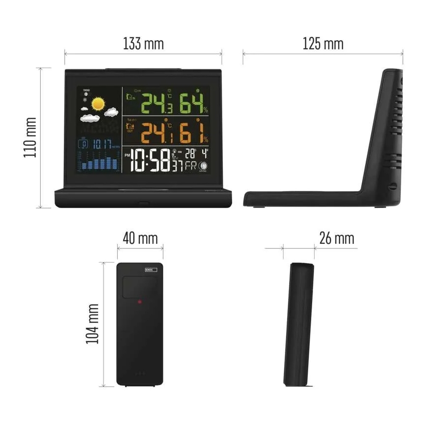 Weather Station with 5V Wireless Charging — 2×AA + 2×AAA, Black