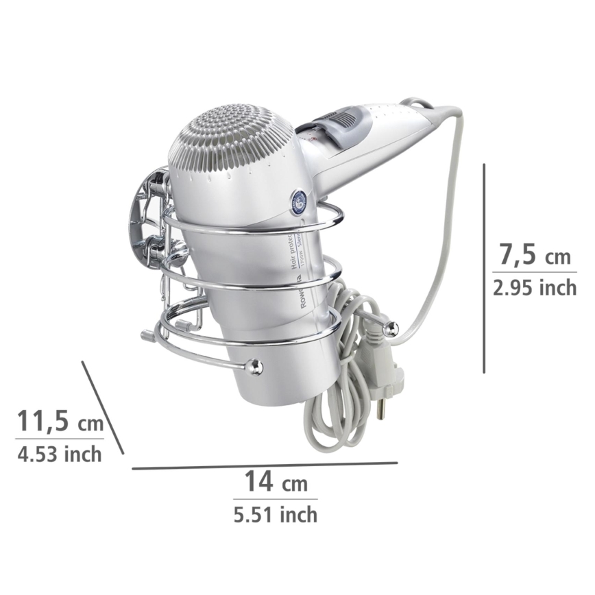 WENKO 18770100 - TURBO-LOC Round Hair Dryer Holder, Steel, 14 x 11.5 cm, Polished Chrome