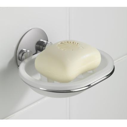 WENKO 18776100 - TURBO-LOC Round Steel Soap Dish 13 x 11 cm, Glossy Chrome/White