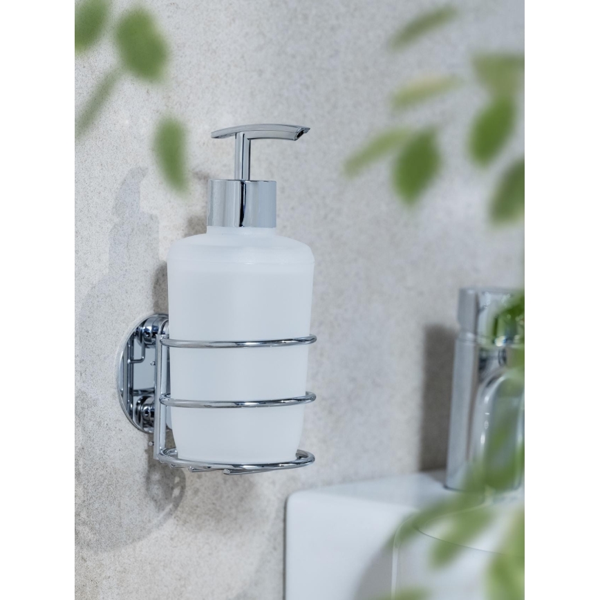 WENKO 18777100 - TURBO-LOC Round Steel Soap Dispenser 7.5 x 16.5 cm Glossy Chrome/White