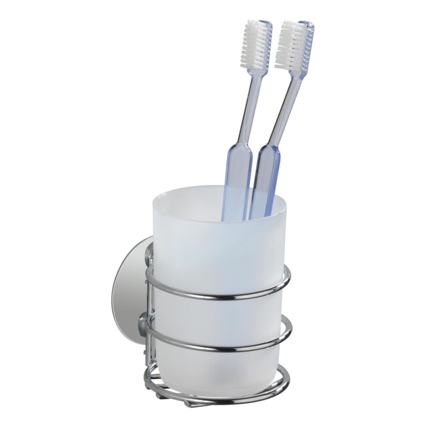 WENKO 18779100 - TURBO-LOC Round Steel Toothbrush Cup 7.5 x 9 cm polished chrome/white