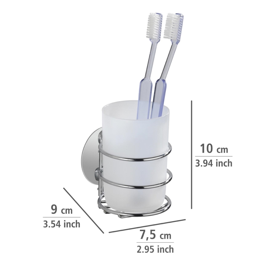 WENKO 18779100 - TURBO-LOC Round Steel Toothbrush Cup 7.5 x 9 cm polished chrome/white