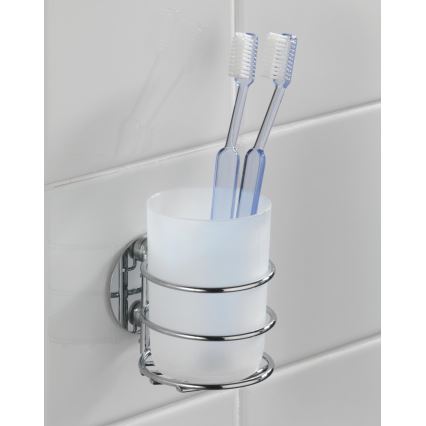 WENKO 18779100 - TURBO-LOC Round Steel Toothbrush Cup 7.5 x 9 cm polished chrome/white