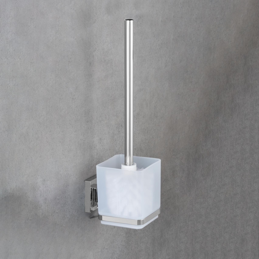 WENKO 22695100-WC VACUUM-LOC QUADRO ED Toilet Brush 9.5 x 37 cm, Silver/Glossy Chrome/Clear