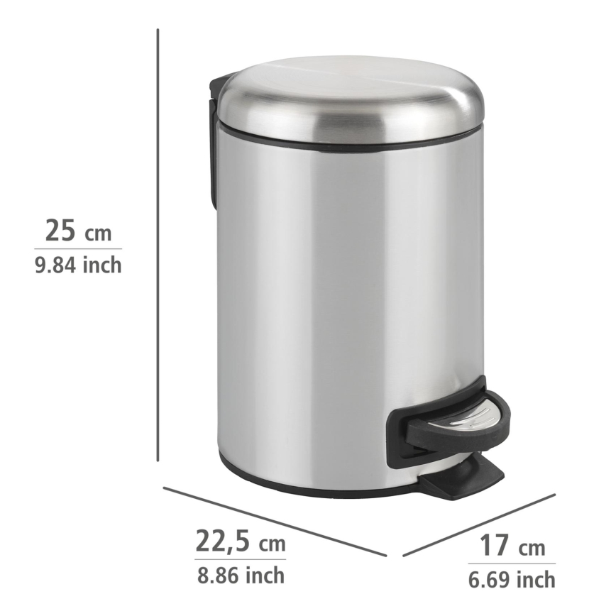 WENKO 22829100 - LEMAN Waste Bin 17 x 25 cm, Satin Stainless Steel/Black