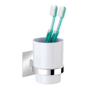 WENKO 23847800-Toothbrush Cup TURBO-LOC QUADRO ED. 7 x 9.5 cm glossy chrome/white