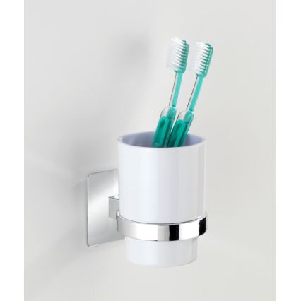WENKO 23847800-Toothbrush Cup TURBO-LOC QUADRO ED. 7 x 9.5 cm glossy chrome/white