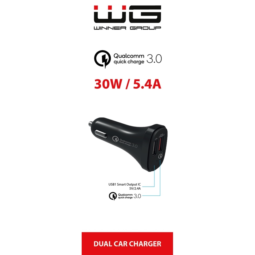 Winner Group - 30W Power Delivery Car Charger, 2x USB-A, Black