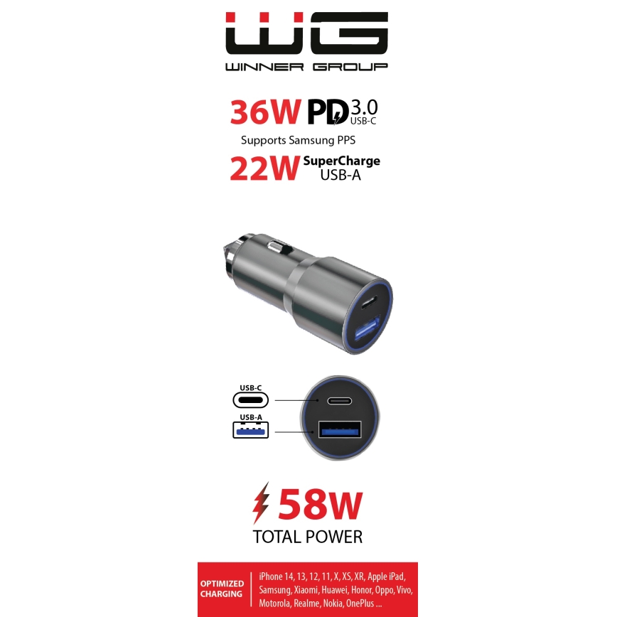 Winner Group - Car charger 1xUSB-C + 1xUSB-A Power Delivery 58,5W silver