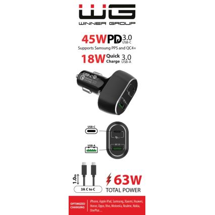 Winner Group - Car charger 1xUSB-C + 1xUSB-A Power Delivery 63W + USB cable USB-C / USB-C 1 m black