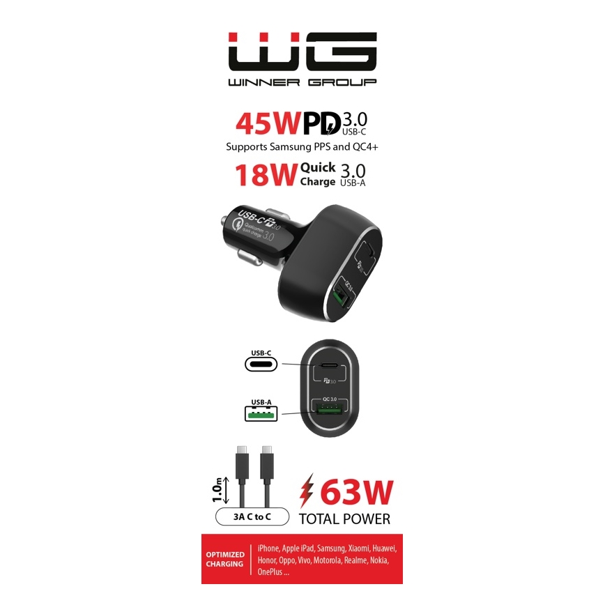 Winner Group - Car charger 1xUSB-C + 1xUSB-A Power Delivery 63W + USB cable USB-C / USB-C 1 m black