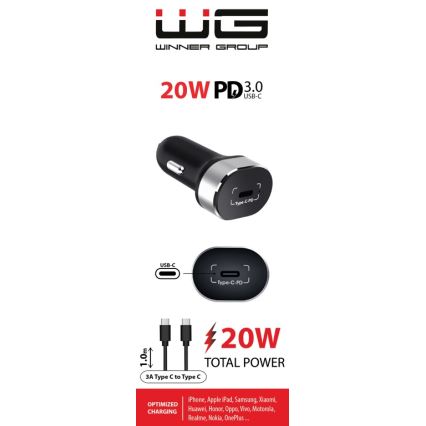 Winner Group - Car charger 1xUSB-C Power Delivery 20W + USB cable USB-C / USB-C 1 m black