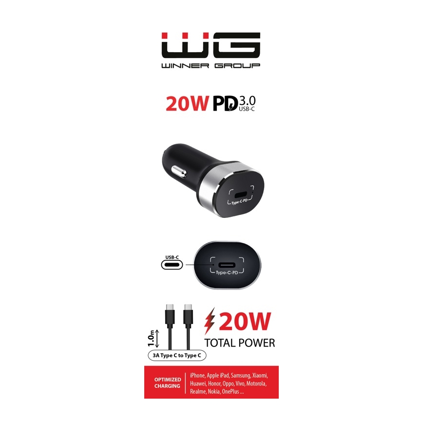 Winner Group - Car charger 1xUSB-C Power Delivery 20W + USB cable USB-C / USB-C 1 m black