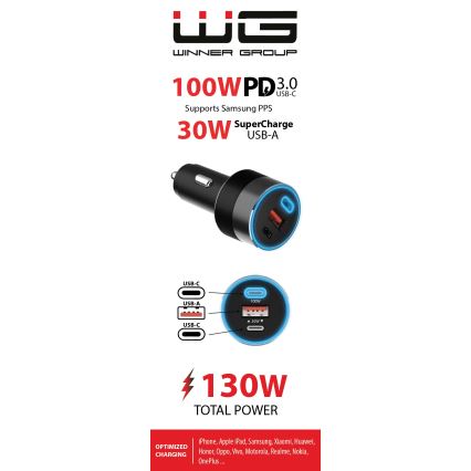 Winner Group - Car charger 2xUSB-C + 1xUSB-A Power Delivery 130W black
