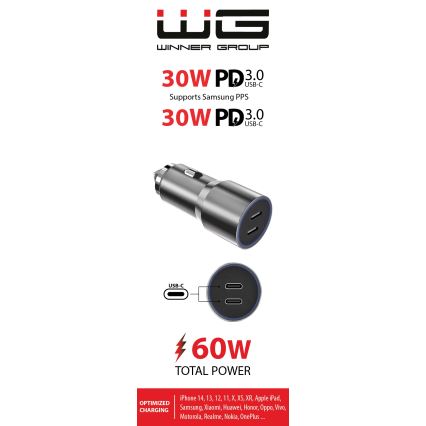 Winner Group - Car charger 2xUSB-C Power Delivery 60W silver