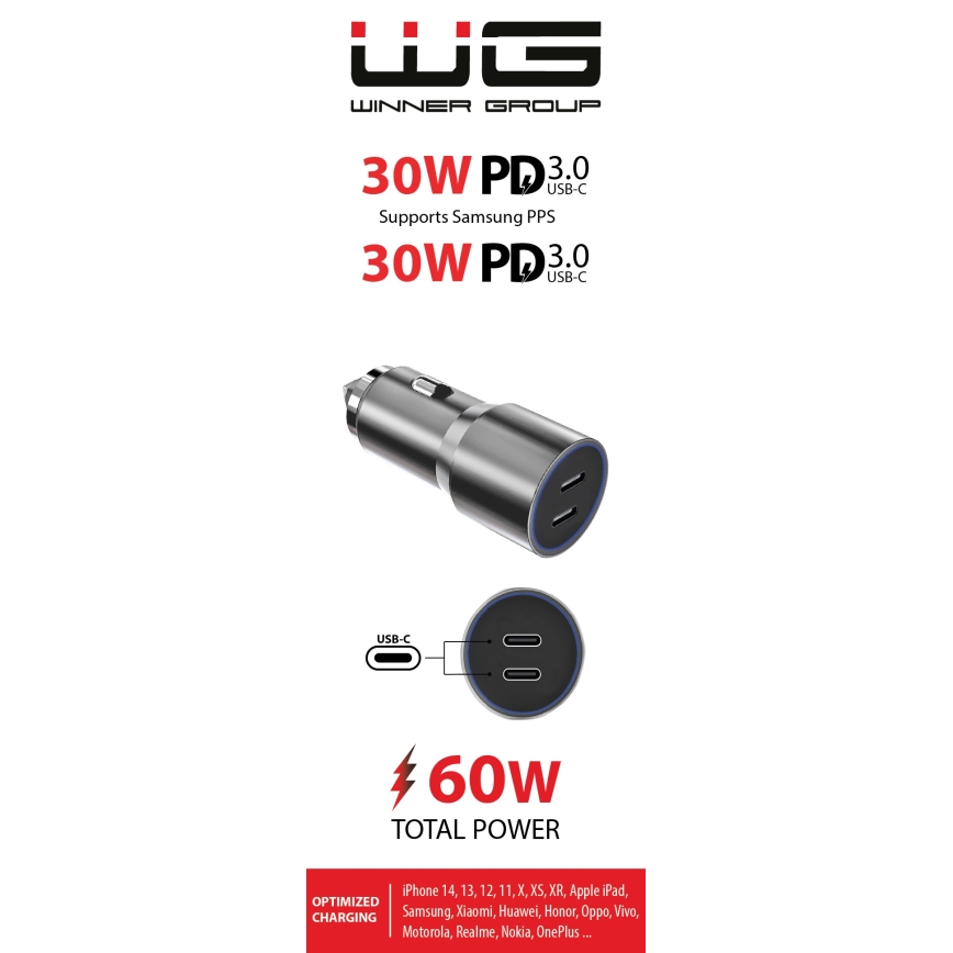 Winner Group - Car charger 2xUSB-C Power Delivery 60W silver