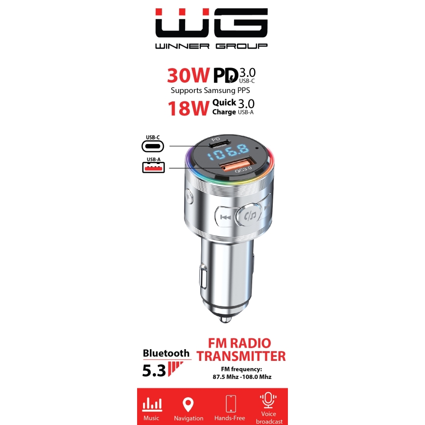 Winner Group - Car charger with FM transmitter and hands-free function 20W silver