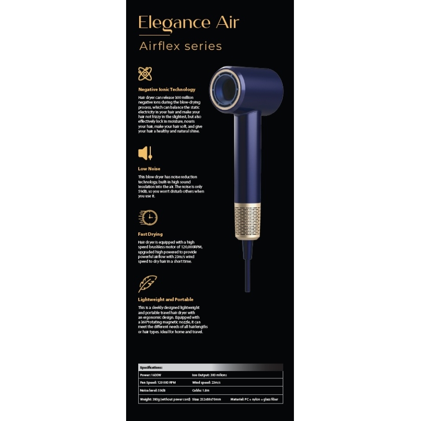 Winner Group - Hairdryer with ionizer Elegance Air 1600W/230V blue SCHUKO
