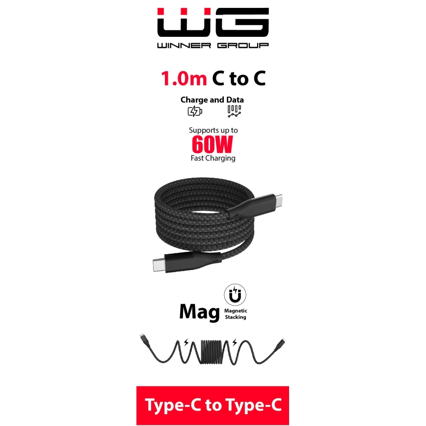 Winner Group - Magnetic USB cable USB-C / USB-C 60W 1m black