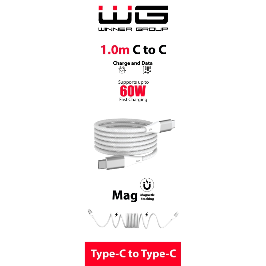 Winner Group - Magnetic USB cable USB-C / USB-C 60W 1m white