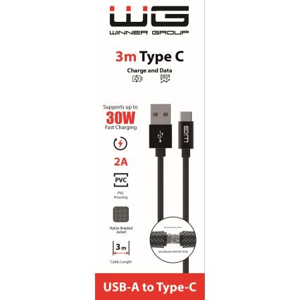 Winner Group - USB-C to USB-A Cable, 30W, 3 m, Black