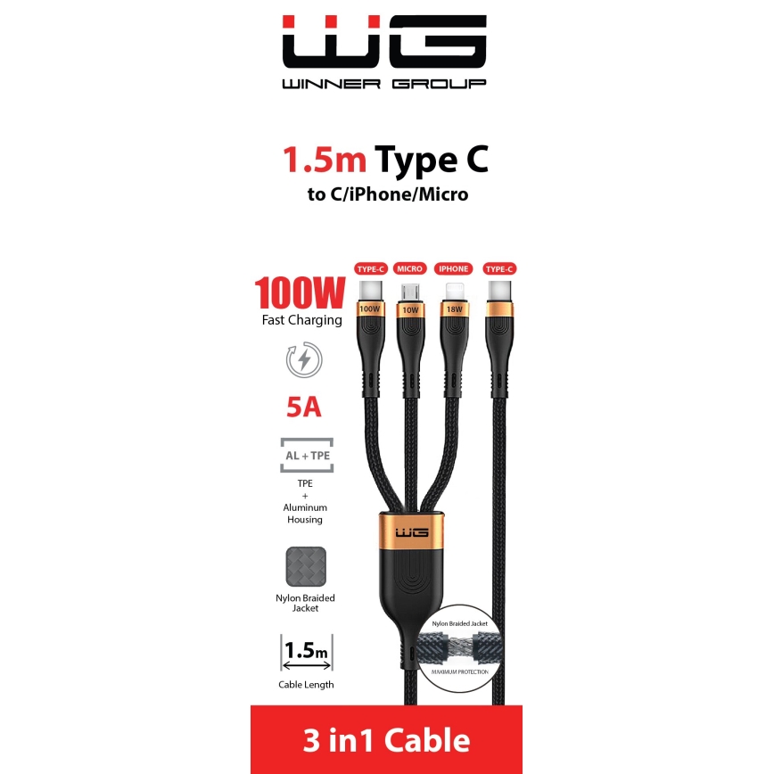 Winner Group -USB cable 3in1 USB-C / Lightning, USB-C and Micro USB 100W 1,5m black