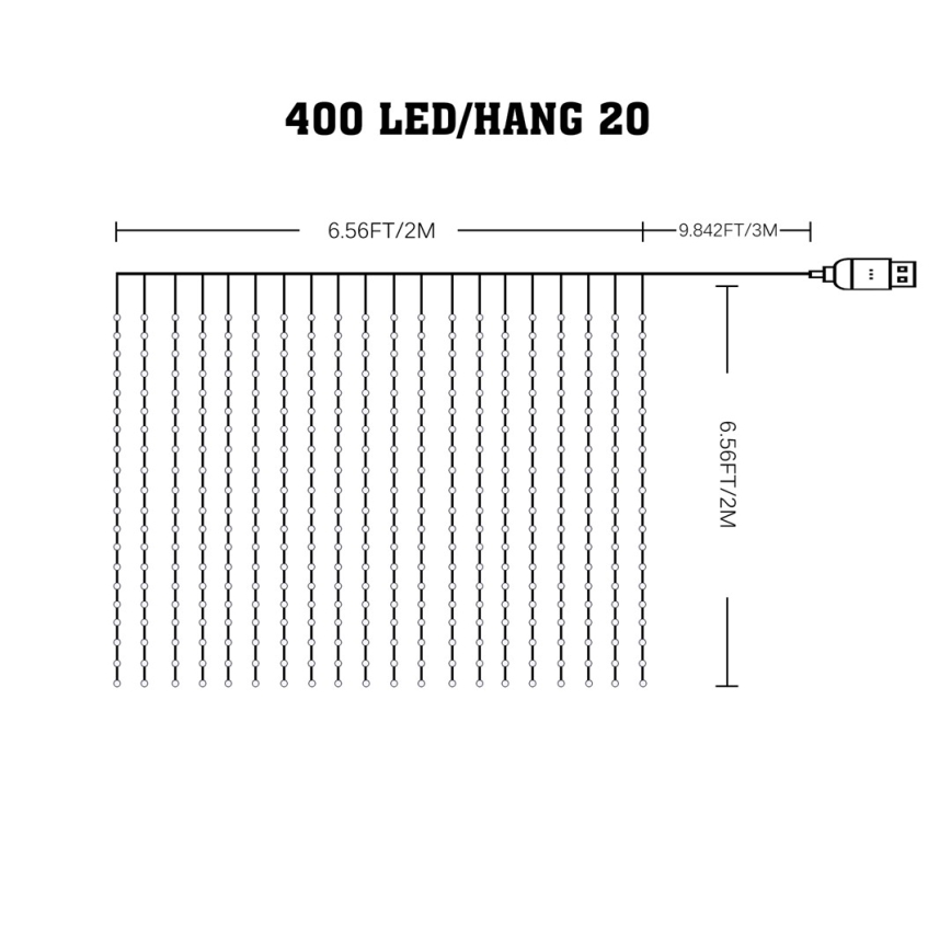 WIZARD LED RGB Dimmable Curtain 400xLED/USB 2x2m + Remote Control