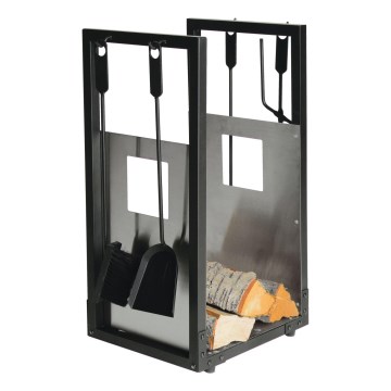 Wood basket with fireplace tools 5 pcs black
