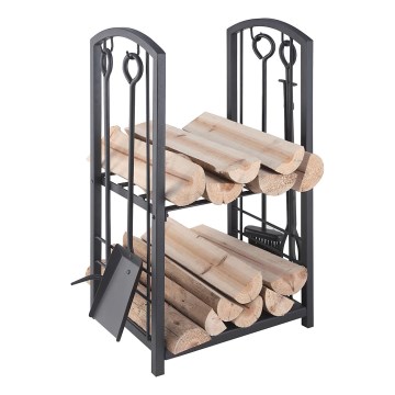 Wood basket with fireplace tools 5 pcs black